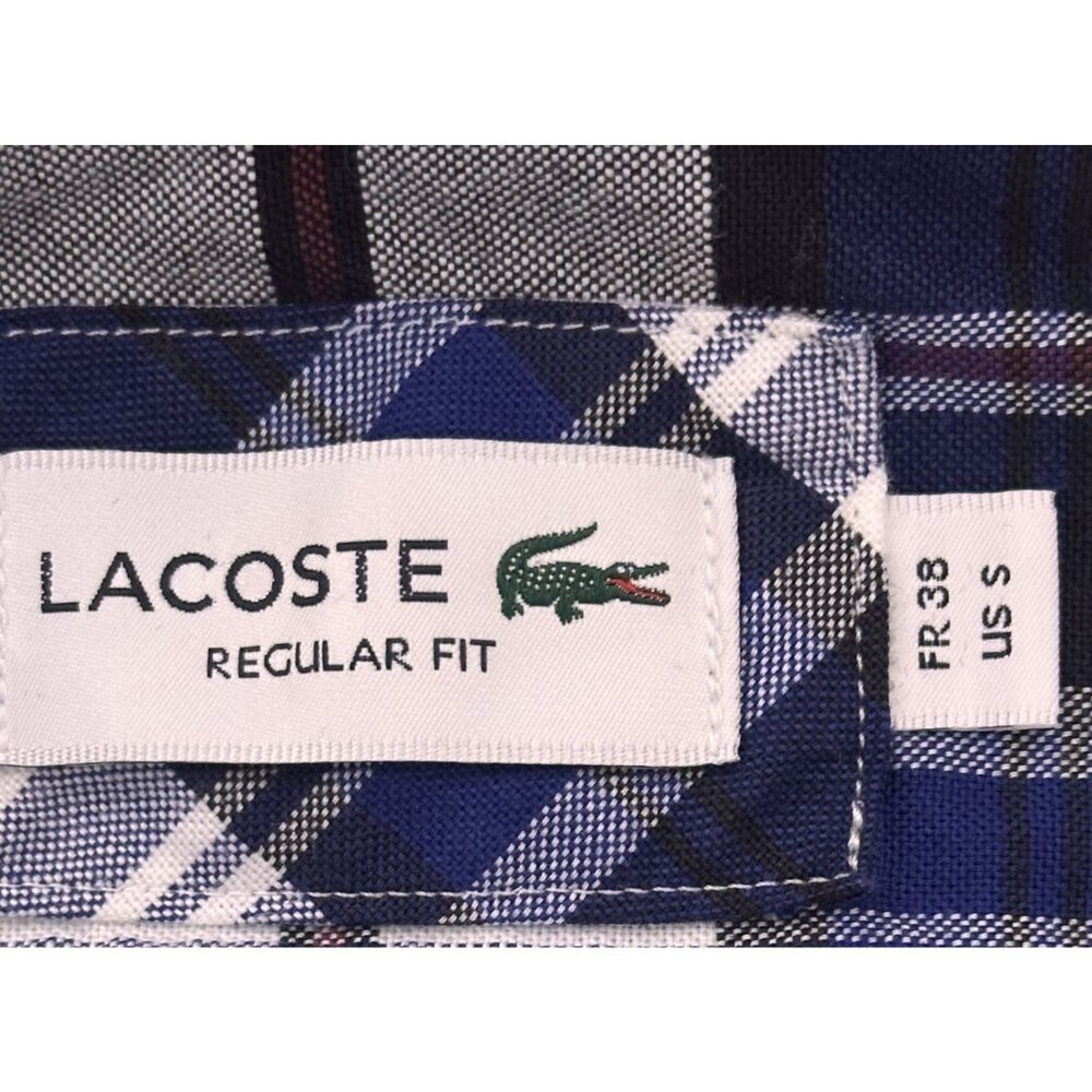 Lacoste Shirt Men's Sm Short Sleeve Button Up Blue Plaid Logo Pocket Regular Fit - Picture 7 of 12